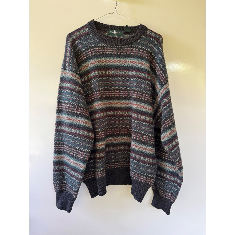 Hunt Club Mens Vintage 100% Wool Fair Isle Crewneck Sweater Large Charcoal Multi